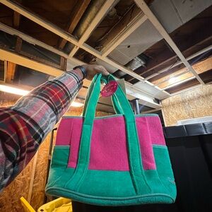 Quack Factory terry cloth bag in pink/green combo with polka dot lining. GUC.